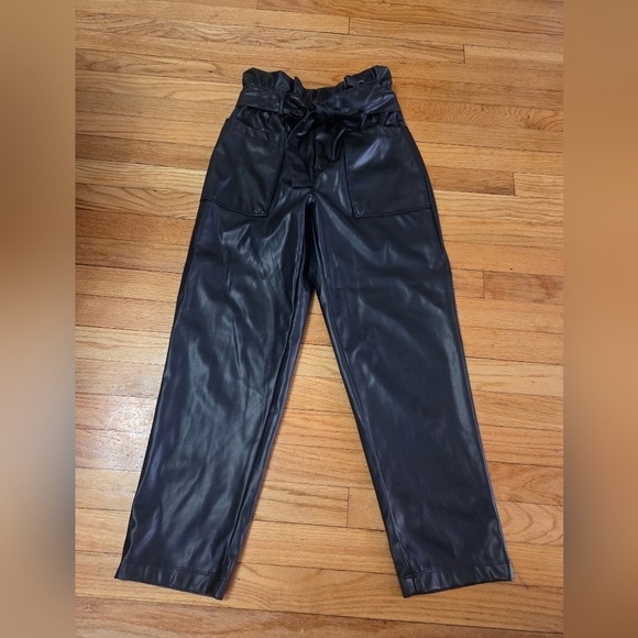 Who What Wear Black High-Waisted Faux Leather Trousers with Tie Waist EUC Size 2 - Picture 4 of 14